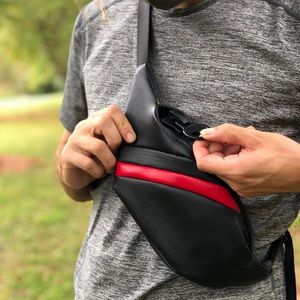 Cross Body Fanny Pack. Black and Red Leather